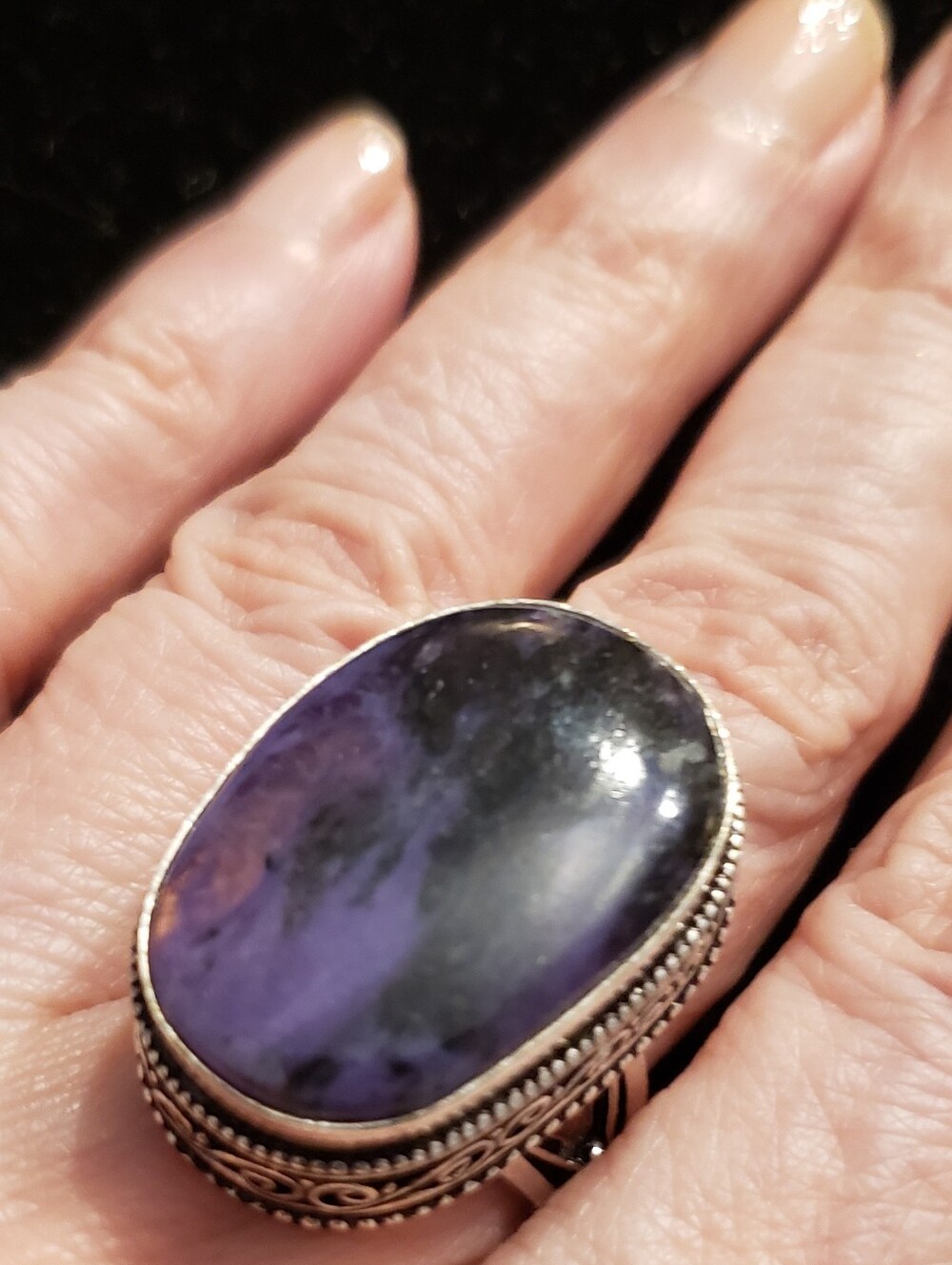 NEW Charoite Sterling Silver Ring Sz 8.5 Deep Purple Statement W/Vintage Setting